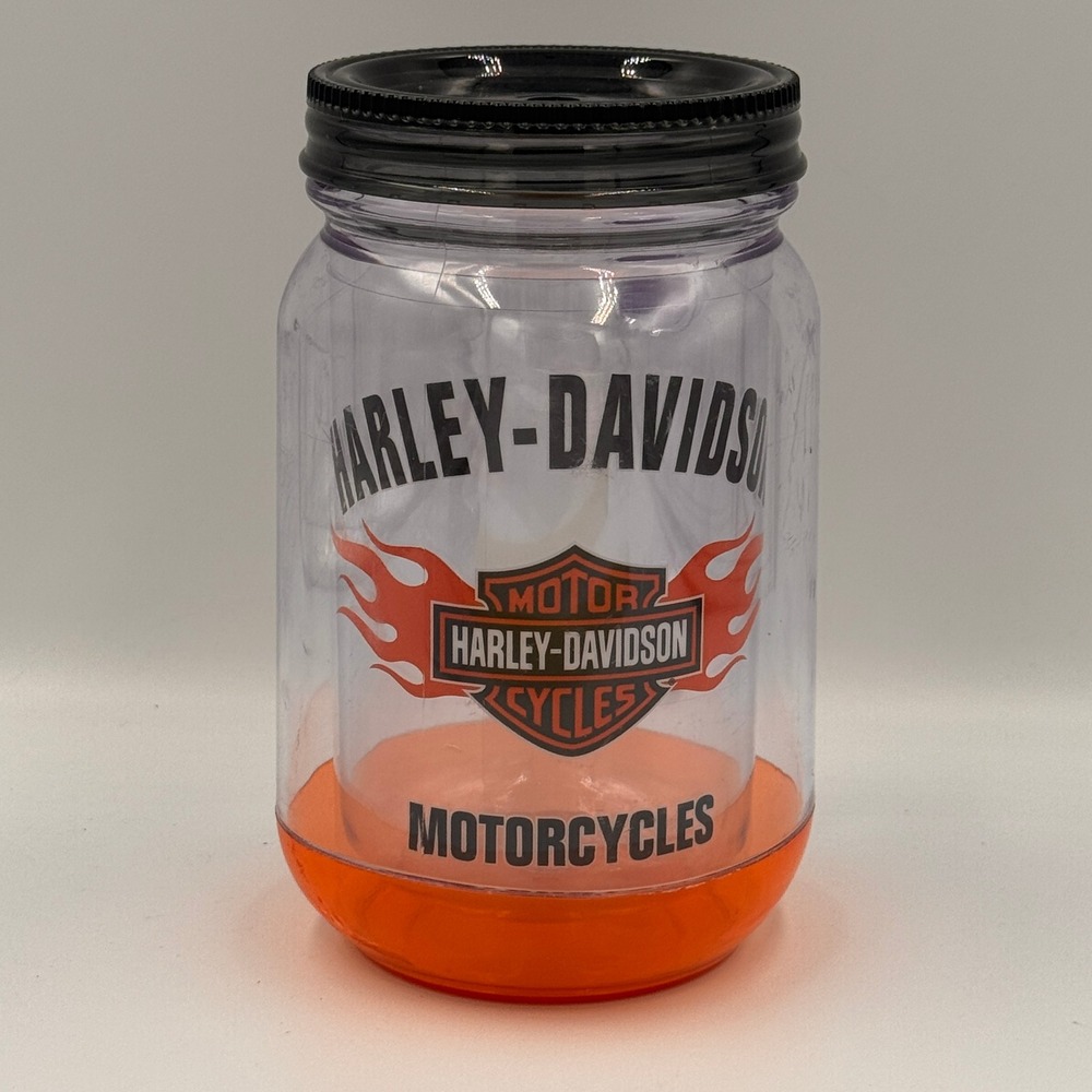 Harley-Davidson Plastic Mug Mason Jar Double Wall Handle Logo Bar Shield Flame